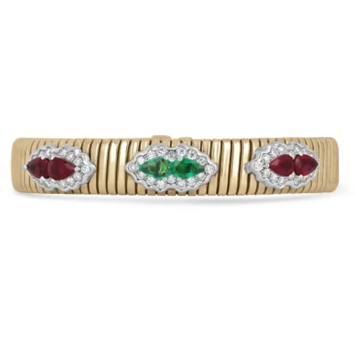 2.72tcw Natural Emerald, Ruby and Diamond Halo Bangle Bracelet Two Toned 18K — 第 1/4 张图片