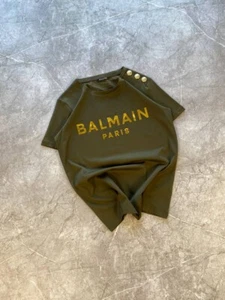 Rare Balmain Paris Big Center Logo Cropped T shirt Olive Size S - Picture 1 of 9