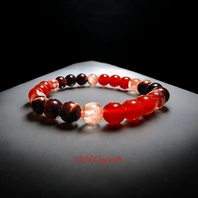 Red Tiger Eye, Carnelian & Fire Quartz Bracelet Natural Stones 8mm - Image 1 of 4