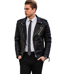 Racer Leather Jacket Biker Café Motorcycle Men's Black Genuine Real Distressed - Picture 1 of 8