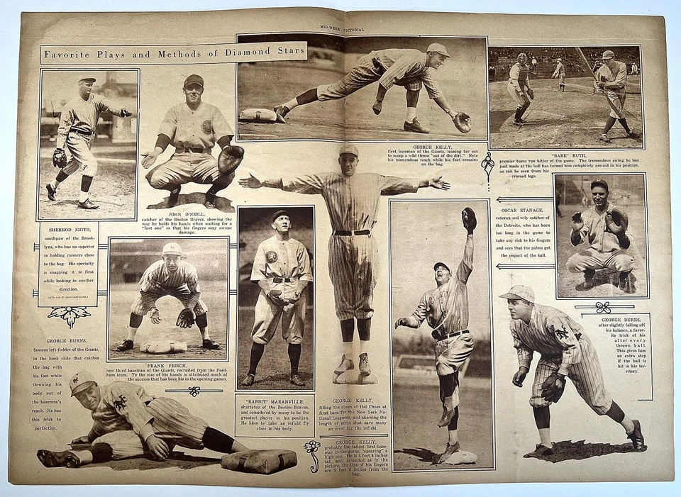 БЭЙБ РУТ И ДЖОРДЖ КЕЛЛИ 1920 С РАЗВОРОТОМ GIANTS YANKEES FRISCH MARANVILLE BURNS - Изображение 1 из 1