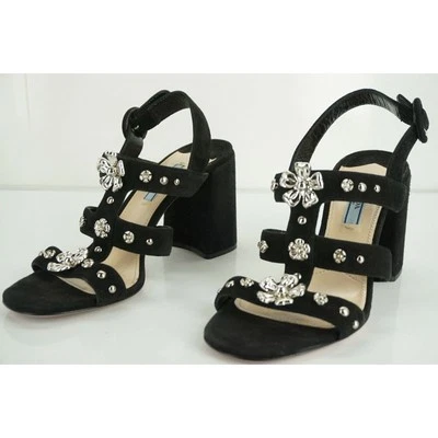 Prada Black Suede Silver Flower Studded Caged Strappy Sandals Size 38 $750 New - Image 1 of 4