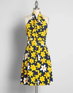 Modcloth Dress Size 0 Yellow Daisy Halter A-Line Open Back Retro Pin Up Belted - Picture 1 of 8