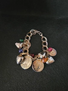 Vintage Silver Link Coin/ Heart Bracelet 8'' - Picture 1 of 4