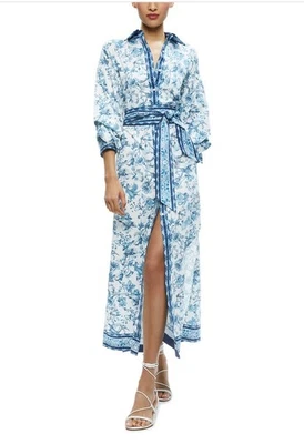 Nuevo Vestido camisero floral Alice + Olivia Tanika blanco azul con cinturón talla S Foto 1 de 4