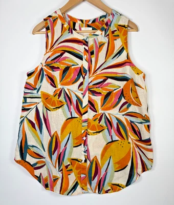 Blusa C and C California Lino Sin Mangas Mediana Botón Frontal Tropical Cítrico Foto 1 de 4