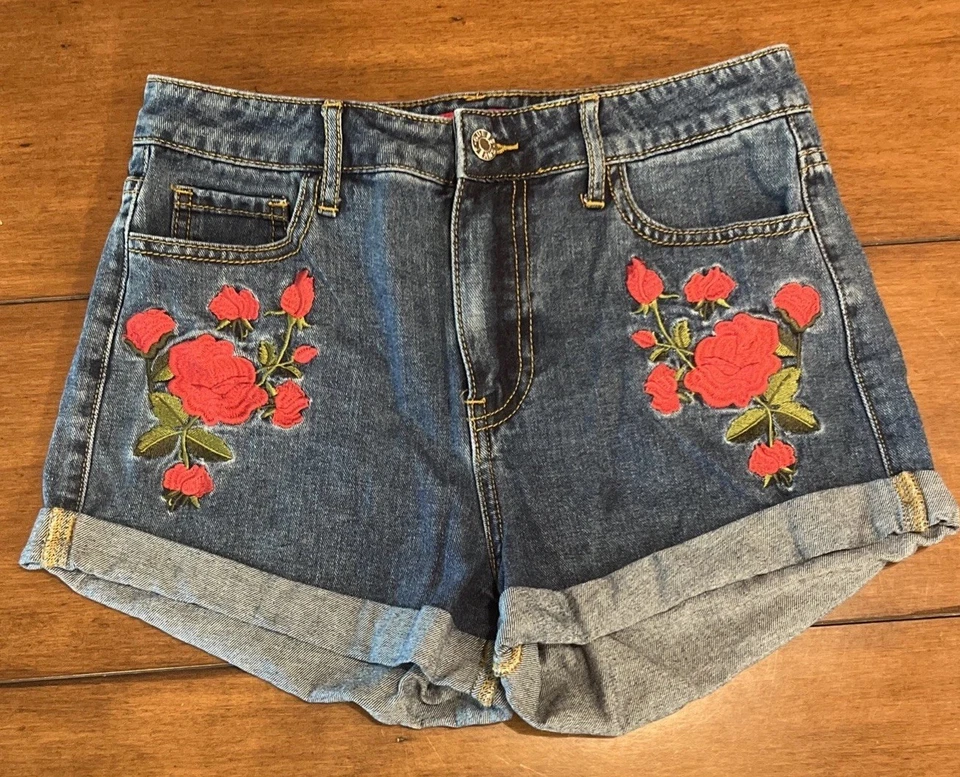 Pantalones Cortos de Jean GUESS Para Mujer 26 Rosa Bordado Dobladillo Enrollado Triángulo Logo Denim Foto 1 de 4