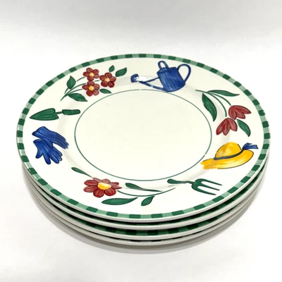 Juego de 4 platos de cena Farberware Jardín 3006 de colección raros difíciles de encontrar flores herramientas de jardín Foto 1 de 4