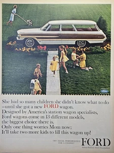 Ford Station Wagon Country Squire mamá cortar césped seis niños flores anuncio impreso 1963 - Imagen 1 de 4