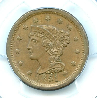 1851 N-4 Braided Hair Large Cent, PCGS MS64BN, CAC Approved - Image 1 of 3