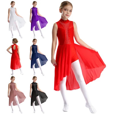 Girls Lyrical Modern Dance Dress Sleeveless Shiny Leotard with Irregular Skirt - Image 1 of 3