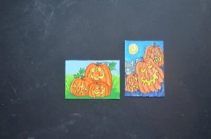 ACEO ORIGINAL ART CARDS HALLOWEEN PUMPKINS LOT OF 2 WATERCOLORS - Bild 1 von 4