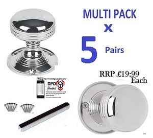 Multi Pack x 5 Pairs Chrome Silver Mortice REEDED SPRUNG DOOR KNOBS D21 - Picture 1 of 2