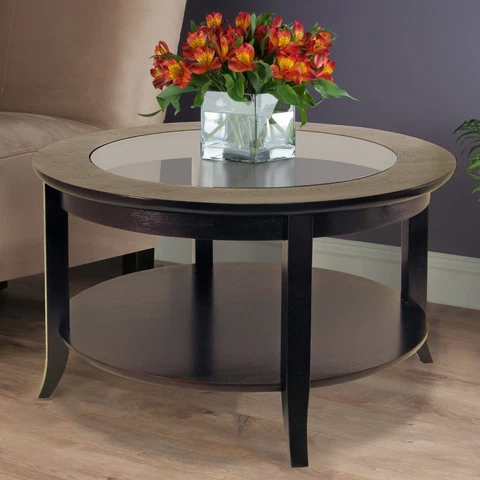 Wood Genoa Round Coffee Table with Glass Top, Espresso Finish Cover