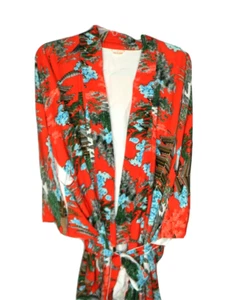Vintage roter Viskose Kimono Morgenmantel Mt Fuji Pagoden Kirschblüte Made in Japan Gr. S - Bild 1 von 12