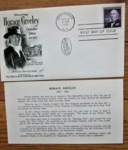 HORACE GREELEY GO WEST YOUNG MAN 1961 LIONS CLUB FLEETWOOD CACHET FDC +INFO CARD