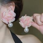 Fabric Flower Pearl Earrings Women Summer New Fahsion Pink Stud Earring Luxury;