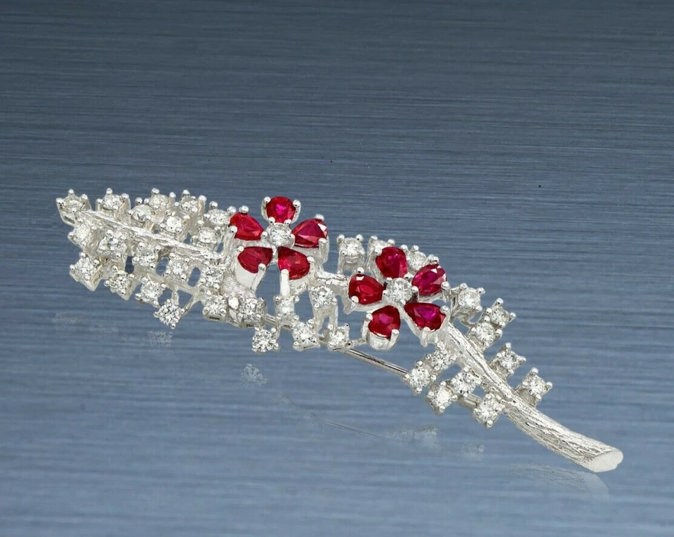 Natural Fine Gem-Set and Diamond Floral Pin Brooch 3.57 TCW in 18K White Gold - Image 1 of 1