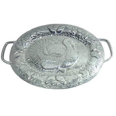 Turkey Serving Tray with Handles Pewter Shiny Finish 21" x 13" Thanksgiving - Image 1 of 4