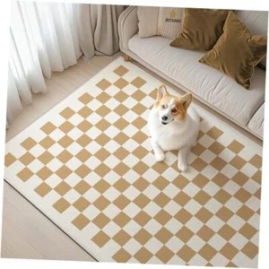 Checkered 3x5 Rug, Tan Checkerboard Modern Washable Foldable 3' x 5' Brown - Picture 1 of 7