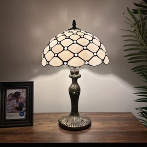 Tiffany Style Table Lamp White Stained Glass Crystal Bean LED Blub 12"W*19”H - Picture 1 of 6