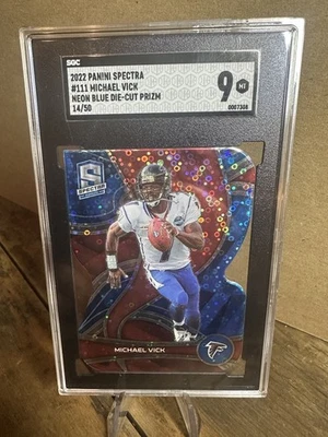 2022 Spectra Michael Vick Neon Blue Die Cut Prizm /50 SGC 9 #111 Falcons Eagles - Image 1 of 3
