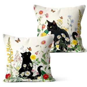 Funny Black Cat Flowers Art Home Decorations Throw Pillow Cover 18x18 Inch Se... - Picture 1 of 5