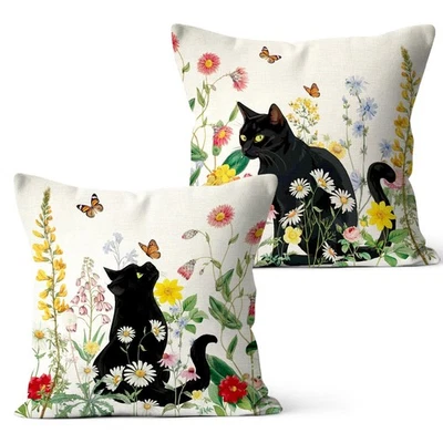 Funny Black Cat Flowers Art Home Decorations Throw Pillow Cover 18x18 Inch Se... - Image 1 of 4