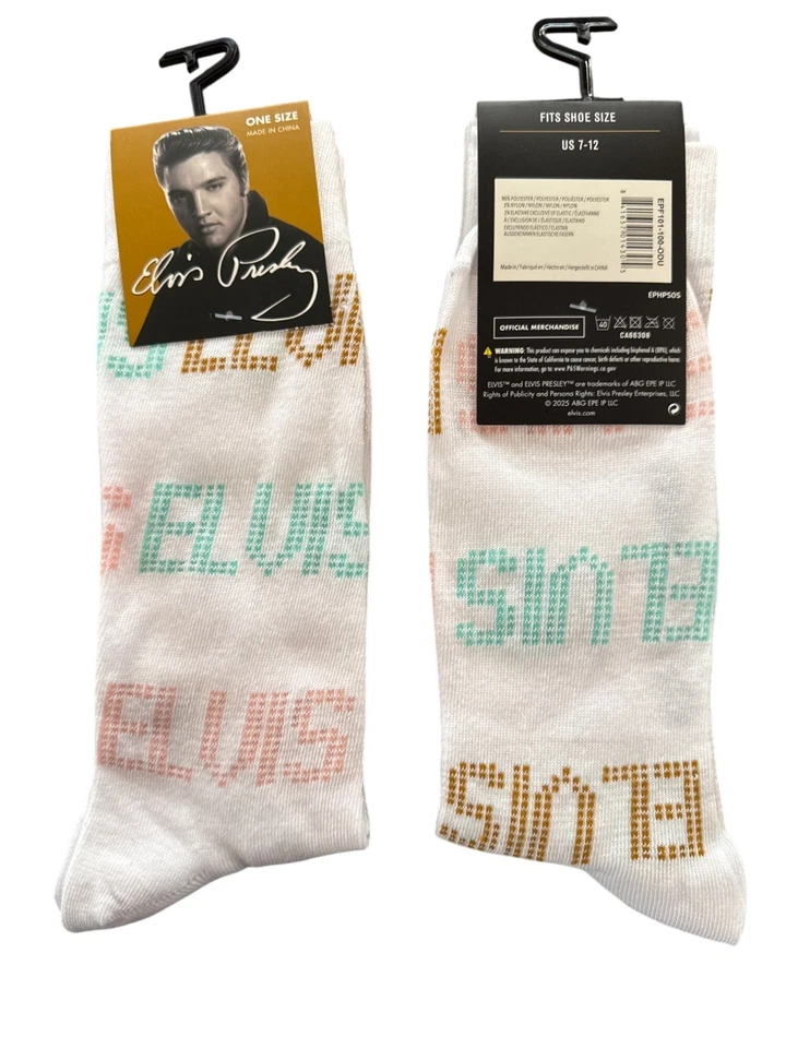 Calcetines ELVIS PRESLEY para hombre talla 7-12 OSFM blanco amarillo verde rosa patrón de texto Foto 1 de 1