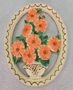 Vintage Mid Century Chalkware Oval Floral Wall Plaque Granny Chic Peach - Picture 1 of 11