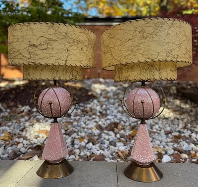Vintage MCM Atomic Pink Ceramic Lamps Fiberglass Shades Mid Century Modern 1950s - Image 1 of 4