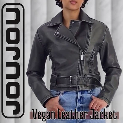 NWT JOU JOU Edgy-Distressed Soft Vegan Leather Asymmetric Belted Moto Jacket/XL - Image 1 of 4