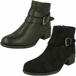 Ladies Spot On Negro Piel Sintética/Negro Mf Cremallera Botines con Cordones: - Imagen 1 de 19