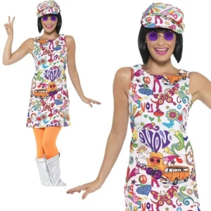 Adult Retro Mod 60s 70s Groovy Chick Hippy Hippie Fancy Dress Ladies Costume - Picture 1 of 6