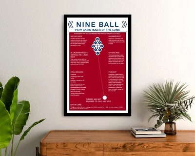 ZIEGLERWORLD NINE BALL BILLIARD POOL TABLE HOUSE RULES FRAMED POSTER - 9 BALL BILLIARDS