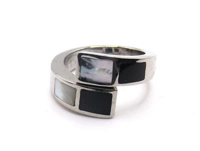 Unique Stainless Steel Black Onyx Mother of Pearl Inlaid By-Pass Ring Sz 6 - Image 1 of 4