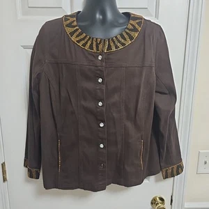 New Quacker Factory Cardigan Jacket Medium Brown Long Sleeve Thick Embellished - Picture 1 of 8