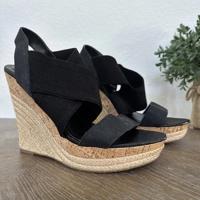 Sandalias alpargata Charles by Charles David negras elásticas entrecruzadas con cuña talla 9 Foto 1 de 4