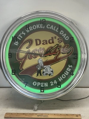爸爸车库霓虹标志如果破了,打电话给爸爸 15 英寸直径石英机芯 — 第 1/4 张图片