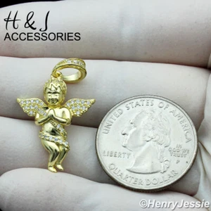 MEN WOMEN 925 STERLING SILVER CZ LITTLE ANGEL WING GOLD PLATED PENDANT*AGP349 - Picture 1 of 4
