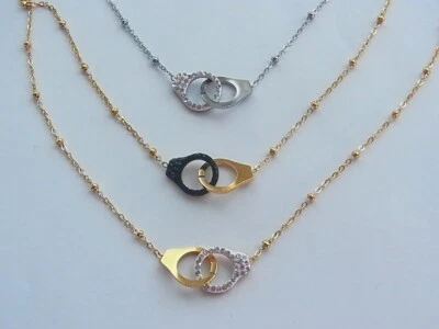 Echt Edelstahl Kette Halskette Kurze Kette mit Anhänger Handschellen Strass - Bild 1 von 2