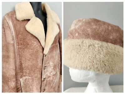 Vtg 70s Men's Suede Shearling Coat c/w Matching Hat Sz 46 Continental Canada - Image 1 of 4