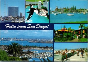 Vintage 1987 Postcard Hello from San Diego Ocean Boats Orca Advertising Posted - Picture 1 of 2