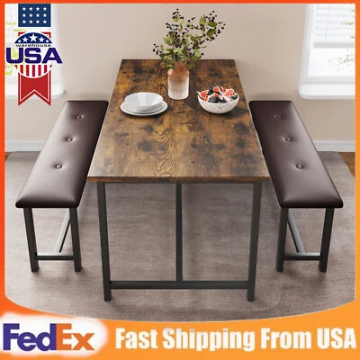 Juego de comedor para 4 mesas superiores de madera y 2 bancos tapizados para cocina de espacio pequeño Foto 1 de 4