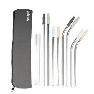 8 Piece Variety Pack Reusable Travel Stainless Steel Straw Set Travel Case Clean - Picture 1 of 8