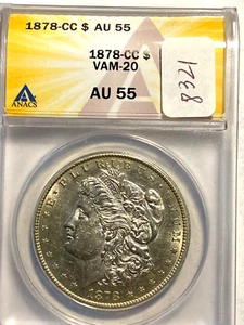 #A8321.ANACS Morgan Silver Dollar 1878 CC Seldom Seen Vam 20 AU55 - Picture 1 of 2