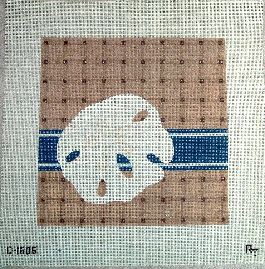 Plaid Stripe Sand Dollar Shell Beach House HP Handpainted Needlepoint Canvas WK - Image 1 of 1