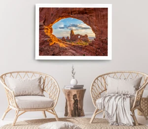 Rock Cave Print, Mountain Wall Art, Cloudy Sky Framed Nature Wall Art,Natural - Picture 1 of 5