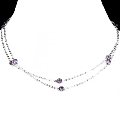 925 Sterling Silver Necklace Round Amethyst 5mm Natural Gemstone Jewelry 34in - Image 1 of 4