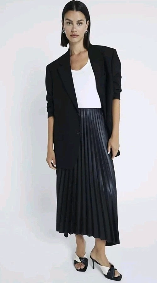 River Island Womens Black Faux Leather Midi Pleated Skirt Size 16 BNWOT - Image 1 of 1
